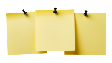 Three blank yellow sticky notes with different methods of attachment isolated on black background