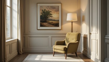 Fototapeta premium Elegant interior corner with olive armchair, stylish lamp, art work on the wall and warm natural light. Soft and modern.