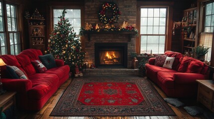 Naklejka premium A warm and inviting living room decorated for Christmas, featuring red sofas, a lit fireplace, and a Christmas tree, evoking a festive and comfortable atmosphere.