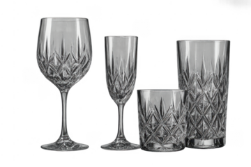 Elegant crystal glassware set with intricate pattern design