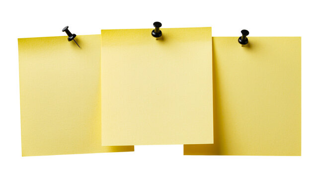 Three blank yellow sticky notes with different methods of attachment isolated on black background