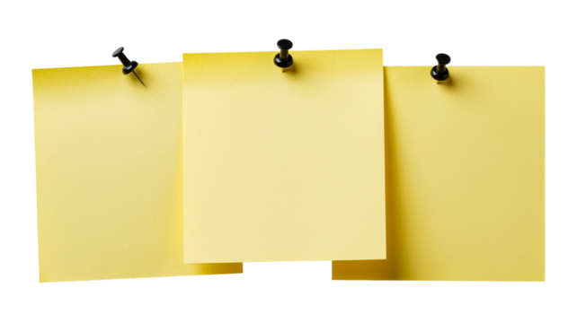 Three blank yellow sticky notes with different methods of attachment isolated on black background