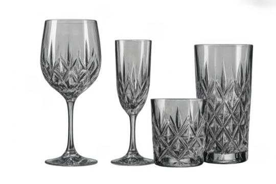 Elegant crystal glassware set with intricate pattern design