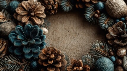 Fototapeta premium Natural wreath made of pinecones and seasonal greenery.