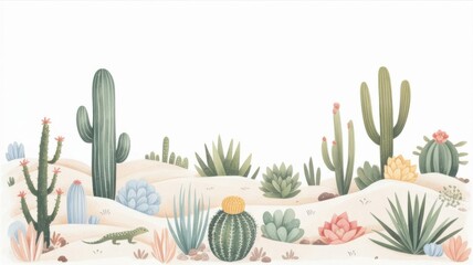 Watercolor desert landscape with various cacti and succulent plants