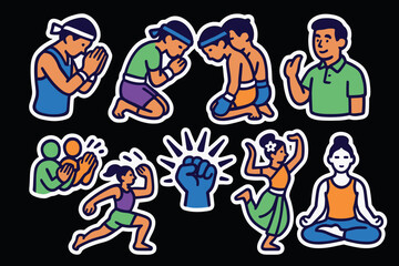 Fototapeta premium Muay thai icon set featuring fighters, meditation, and audience applause for design and visual art