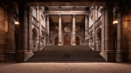 neoclassical. Grand neoclassical architecture with detailed pillars and staircase, embodying timeless elegance and design. real-estate listings.