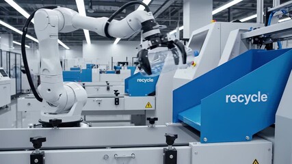 Industrial robotic arms handle plastic materials at automated recycling facility. Modern manufacturing technology for sustainable waste management and circular economy operations. Smart factory - Powered by Adobe
