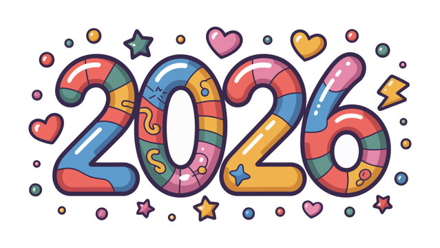 Year 2026: Colorful numeral 2026, creatively adorned with various shapes, symbols, and vibrant hues, signifying a milestone year.