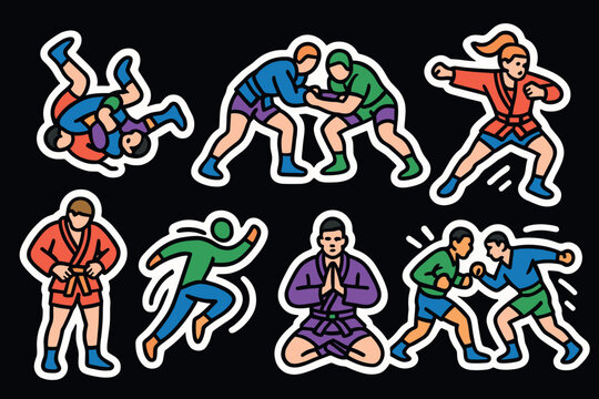 Dynamic sambo fighters illustrations for martial arts design and decoration