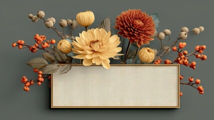 Floral arrangement with a decorative empty label on a textured background.