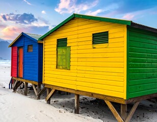 Colorful beach huts stand on sand with a mountain backdrop and picturesque sky