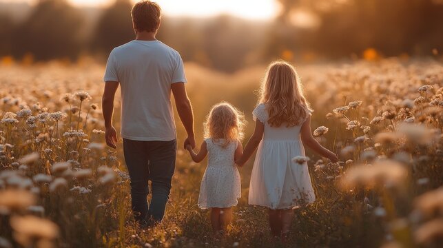 A heartwarming scene of a father and two children enjoying a peaceful walk through a vibrant flower field at sunset. Warm, nostalgic, and full of joy.