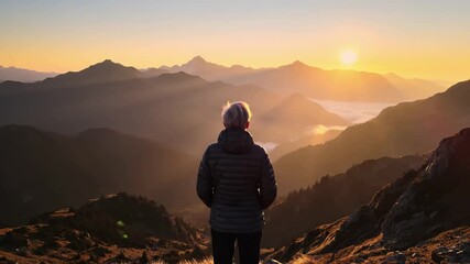 Hiker observes layered mountain ranges at sunrise from elevated viewpoint. Panoramic landscape with misty valleys and peaks. Outdoor adventure, wilderness exploration, and peaceful solitude in alpine