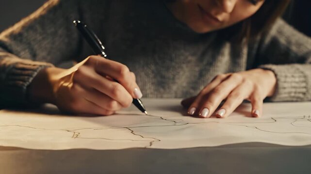 Artist draws detailed sketch on paper with pen at workspace. Creative process of hand drawn and artistic design work. Craftsmanship and concentration during traditional artwork development with focus
