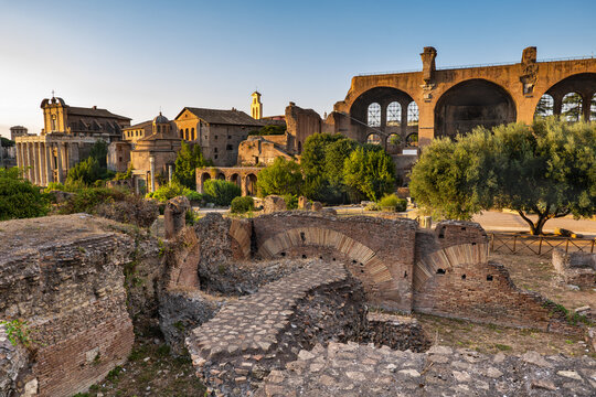 Ancient Roman Forum At Sunset In Rome