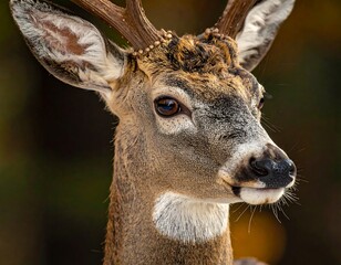 Close-up of a deer's head, showcasing its majestic antlers and detailed fur against a softly blurred background