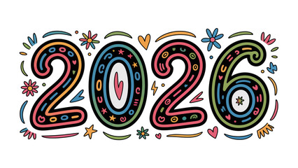 Year 2026 Typography: A vibrant and creatively designed typographic illustration showcasing the year 2026. This artistic representation uses a playful and eye-catching style.
