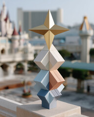 Geometric wooden holiday tree sculpture with tricolor patterned stacked blocks and shining star topper in soft outdoor bokeh, festive decorative ornament evoking calm seasonal joy