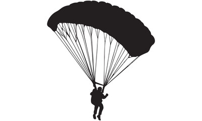 Black silhouette parachute clipart featuring a skydiver in motion. Perfect for aviation art, adventure designs, training posters, military graphics, and extreme sports projects.