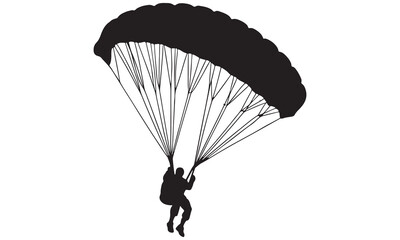 Black silhouette parachute clipart featuring a skydiver in motion. Perfect for aviation art, adventure designs, training posters, military graphics, and extreme sports projects.