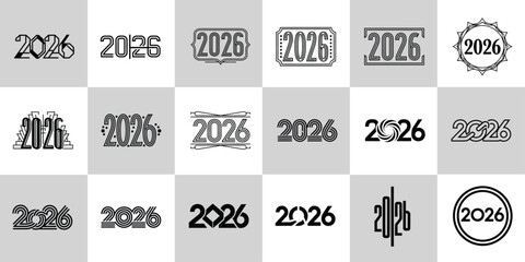 A creative collection of eighteen unique typography designs for the year 2026, perfect for logos, icons, and new year celebrations