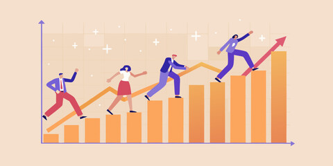 Business people climbing bar graph to achieve success and growth