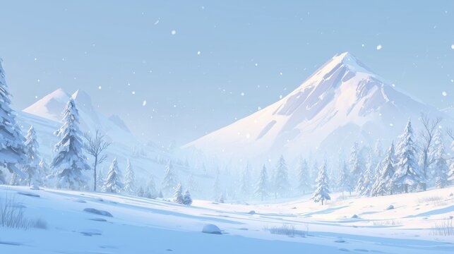 Dreamy animated winter landscape with snowy mountains and frosted pine forest