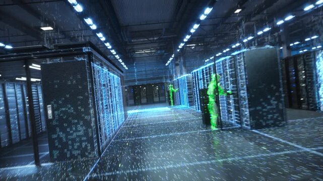 Humanoid Service Robots Patrol a Vast Futuristic Data Center, Digitization of Lines of  Data Streams as They Monitor Racks, Optimize Ai Servers, High Tech Artificial Intelligence Operations Sequence