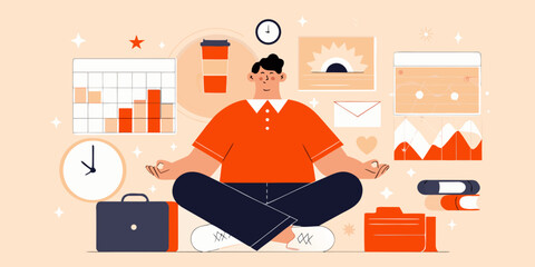 Man meditating amidst work items for stress relief and productivity