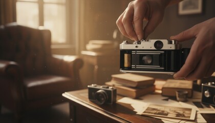 A nostalgic moment shows hands loading film into a vintage camera as interest in analog craft grows. Warm study setting evokes creative memory and retro trend