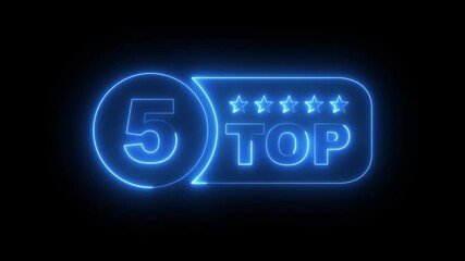 glowing neon top 5 star rating icon animation on black background. top 5 star customer product rating review icon. customer review concept, five star feedback icon animation. Symbol, advertising badge