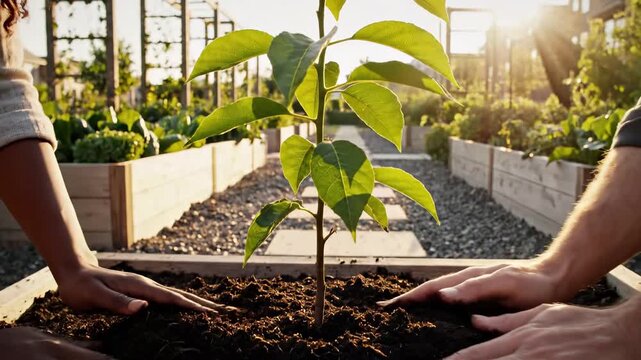 Hands collaborate to plant young seedling in soil within urban rooftop garden setting. Teamwork demonstrates environmental stewardship, sustainability practices, and community gardening efforts