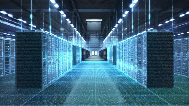 Hyperscale Data Center Corridor as  Holographic Grids, Fiber Streams, Digital Particles Animate Server Racks, Data Processing, Cybersecurity Monitoring, Network Infrastructure Analytics.