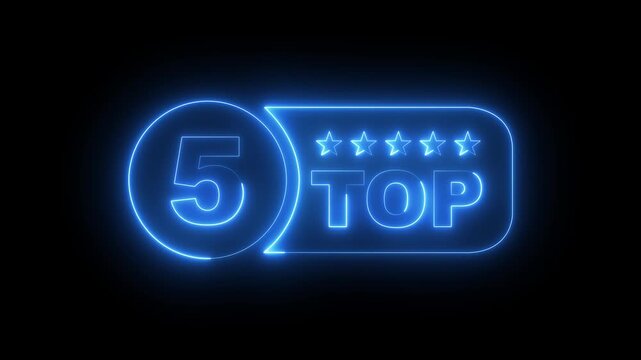 glowing neon top 5 star rating icon animation on black background. top 5 star customer product rating review icon. customer review concept, five star feedback icon animation. Symbol, advertising badge