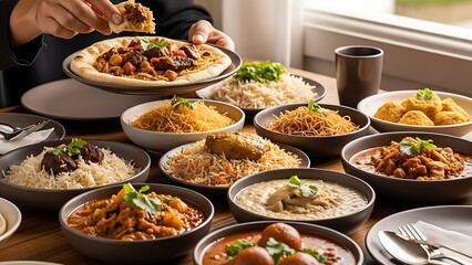 Obraz premium Delicious Middle Eastern Feast: Variety of Dishes on Table