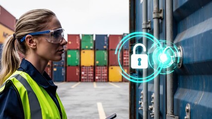 Industrial worker with safety glasses examines digital security lock interface at shipping container yard. Cybersecurity technology for cargo protection, access control, and freight authentication - Powered by Adobe