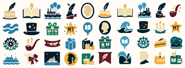 Mark Twain's Birthday Icons with Nautical, Writing, and Literary Symbols