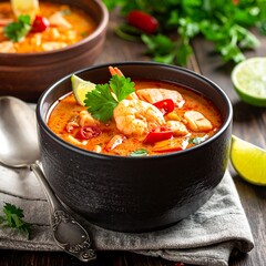 Close-up of a spicy Thai soup with shrimp and lime in a dark bowl on a textured cloth
