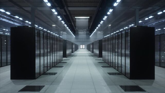 Smooth Tracking Shot Glides Down Hyperscale Data Center Aisle, Server Racks, Blinking Leds, Cloud Computing, Artificial Intelligence Big Data Storage, Digital Infrastructure
