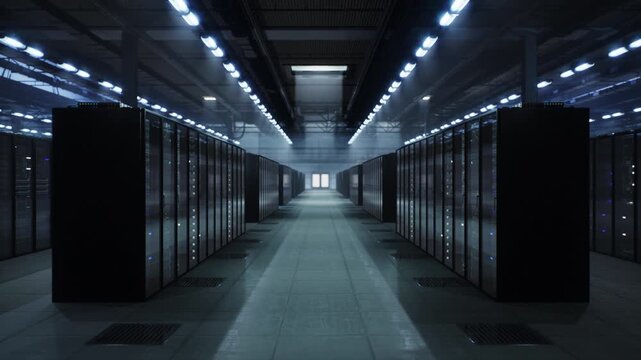 Slow Cinematic Movement in Enterprise Data Center Aisle, Symmetrical Server Racks, High Performance Cloud Computing, Network Reliability, Secure Digital Infrastructure at Scale.