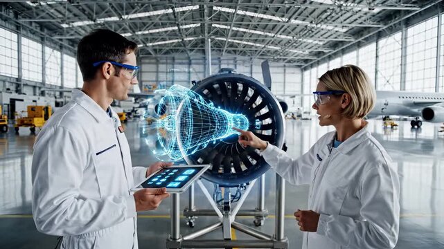 Engineers examine holographic visualization of aircraft turbine engine using augmented reality technology and tablet in aerospace hangar. Industrial maintenance collaboration with digital projection