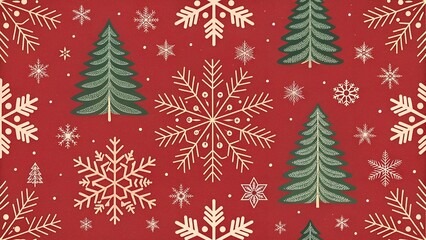cheerful and classic seamless Christmas pattern featuring an array of stylized snowflakes and evergreen pine trees against a rich, festive red background. 
