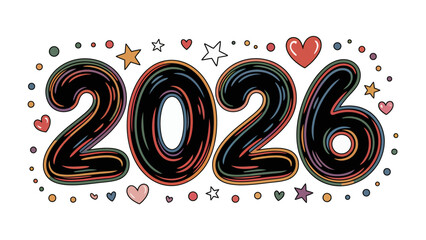 2026 Typography: A vibrant illustration showcases the year 2026, embellished with playful elements of stars, hearts, and dots, perfectly capturing the spirit of anticipation and joy.