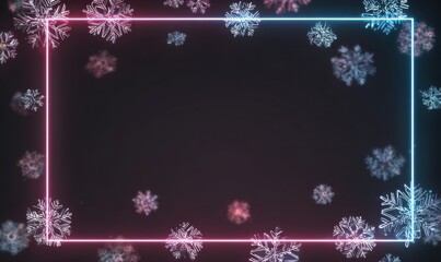 Glowing snowflakes surround a neon rectangular frame with a dark background.