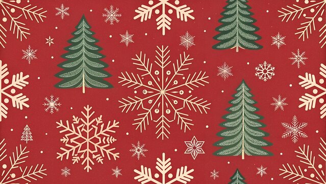 cheerful and classic seamless Christmas pattern featuring an array of stylized snowflakes and evergreen pine trees against a rich, festive red background. 