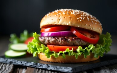 Beef burger with tomatoes, red onions, cucumber and lettuce on black slate over dark background. Unhealthy food. High quality