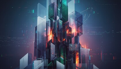 Abstract futuristic glass skyscraper with glowing internal elements and digital data overlay, representing advanced technology.