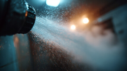 Close-up of an active sprinkler spraying water in a misty setting.