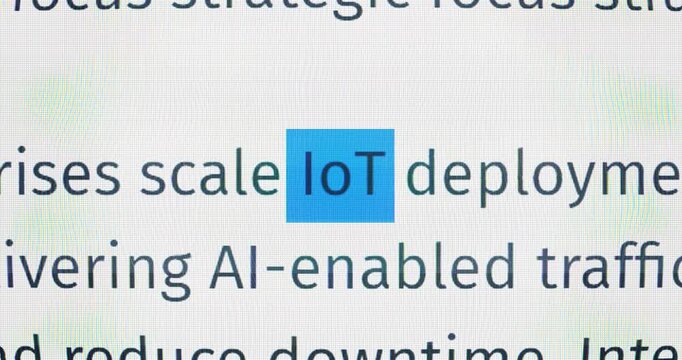Animated Macro Shots Highlight the Word IoT Inside Dense Paragraphs, Tracking Internet of Things References Across Documents for Data Analysis, Research Insight, Content Explainers, Tech Education